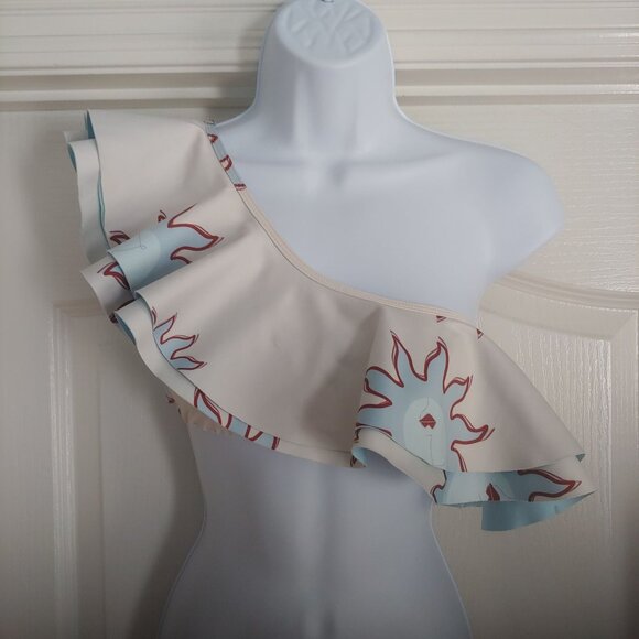 Ancora One Shoulder Flutter Swim Top Happy Lady Sunshine Cream Blue Ruffle M - Picture 1 of 10
